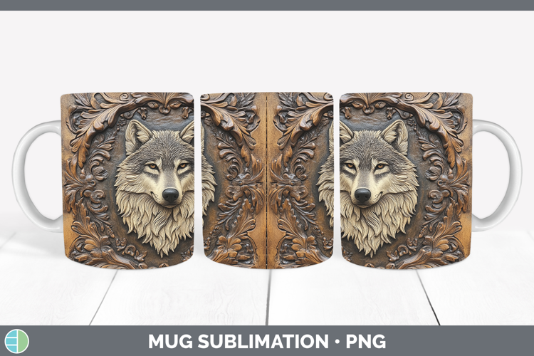 BS01 Tooled Leather Wolf Mug Wrap Sublimation Coffee Cup Des