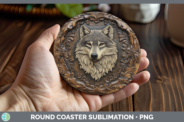BS01 Tooled Leather Wolf Round Coaster Sublimation Coaster D