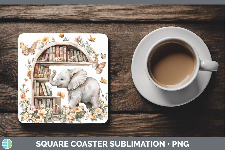 BS02 Bookshelf Elephant Square Coaster Sublimation Coaster D
