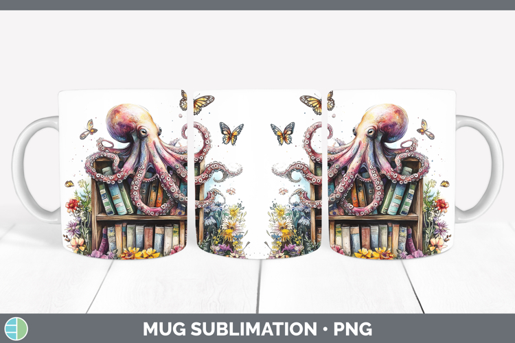 BS02 Bookshelf Octopus Mug Wrap Sublimation Coffee Cup Desig