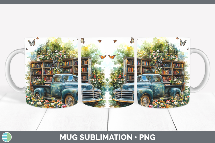 BS02 Bookshelf Vintage Truck Mug Wrap Sublimation Coffee Cup