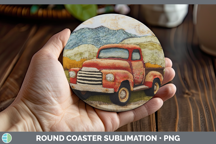 BS02 Crochet Vintage Truck Round Coaster Sublimation Coaster