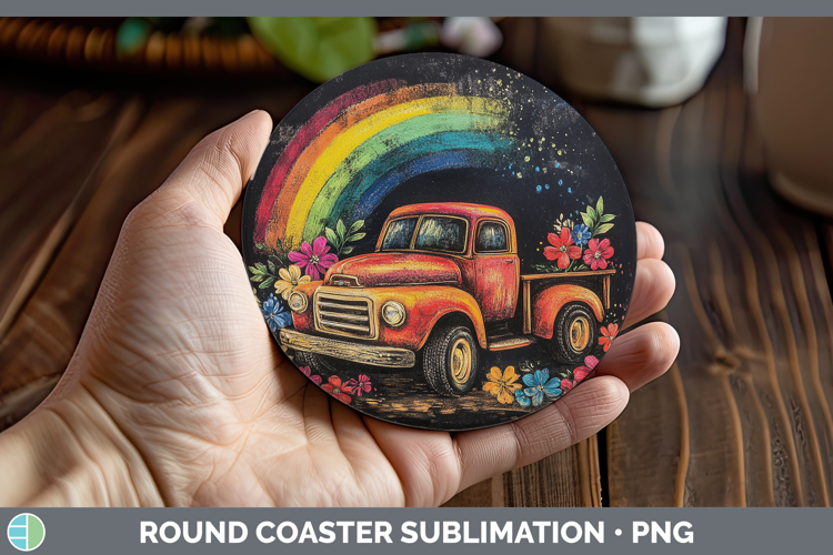 BS02 Rainbow Vintage Truck Round Coaster Sublimation Coaste