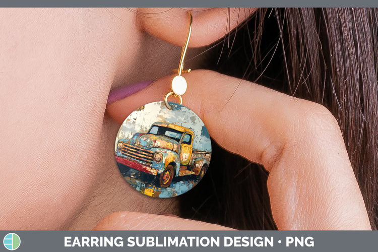 BS02 Thick Paint Vintage Truck Round Earrings Sublimation Ea