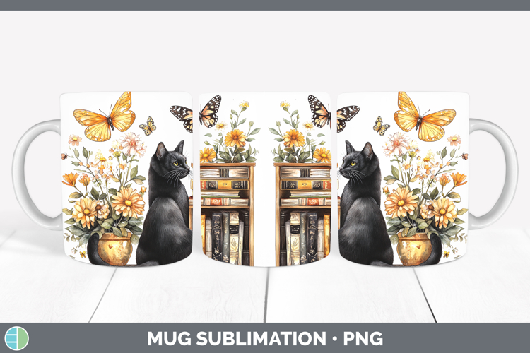 BS03 Bookshelf Black Cat Mug Wrap Sublimation Coffee Cup Des