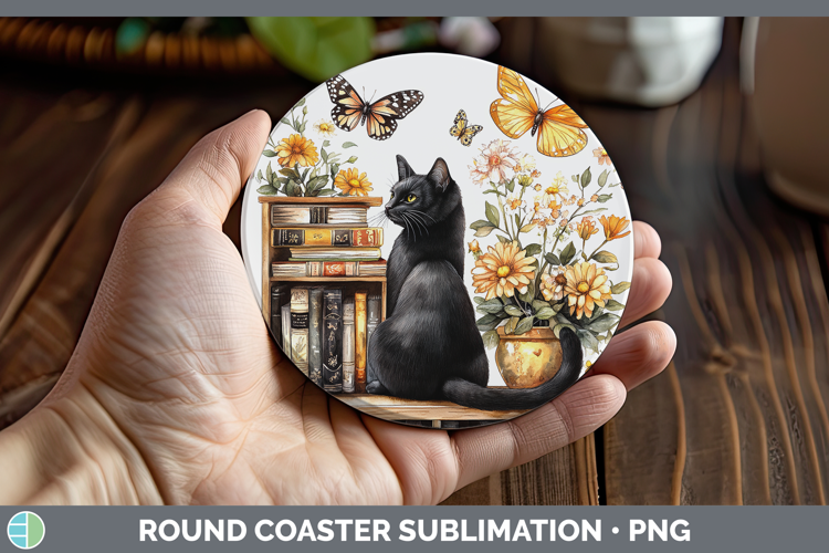 BS03 Bookshelf Black Cat Round Coaster Sublimation Coaster D
