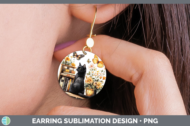 BS03 Bookshelf Black Cat Round Earrings Sublimation Earrings