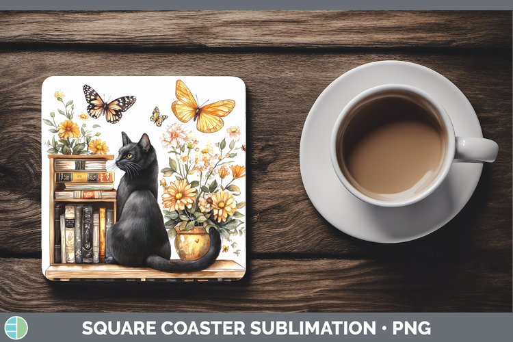 BS03 Bookshelf Black Cat Square Coaster Sublimation Coaster