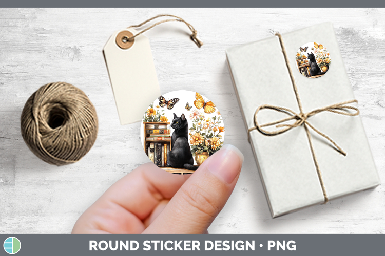 BS03 Bookshelf Black Cat Stickers | Round Labels Designs