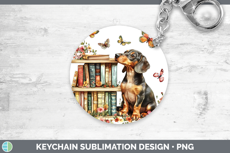 BS03 Bookshelf Dachshund Keychain Sublimation Keyring Design