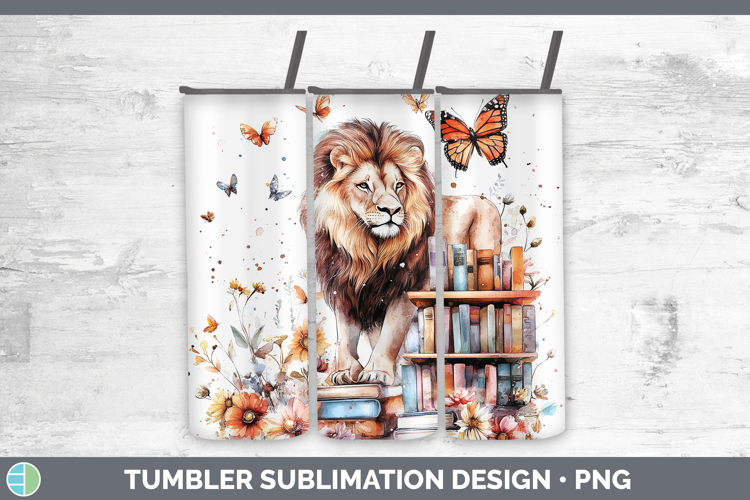 BS03 Bookshelf Lion Tumbler Sublimation 20 oz Skinny Tumbler