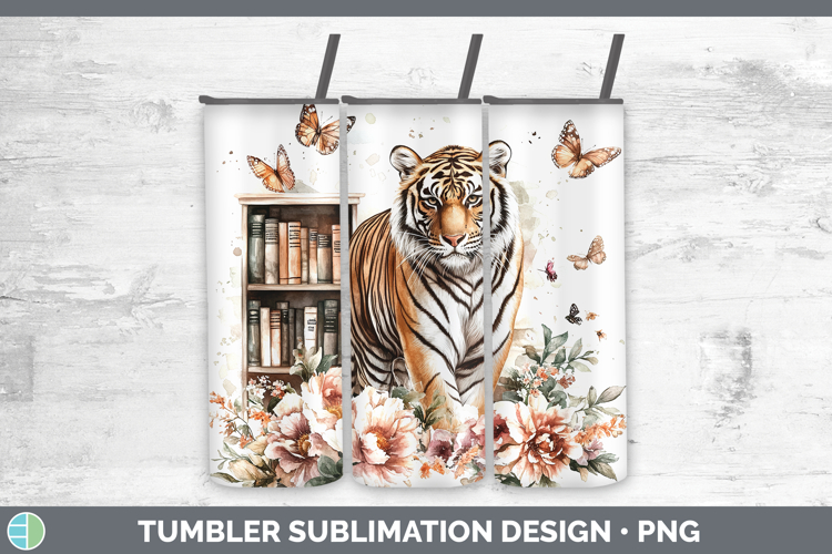 BS03 Bookshelf Tiger Tumbler Sublimation 20 oz Skinny Tumble