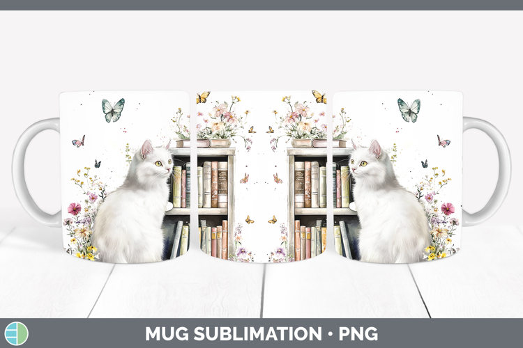BS03 Bookshelf White Cat Mug Wrap Sublimation Coffee Cup Des