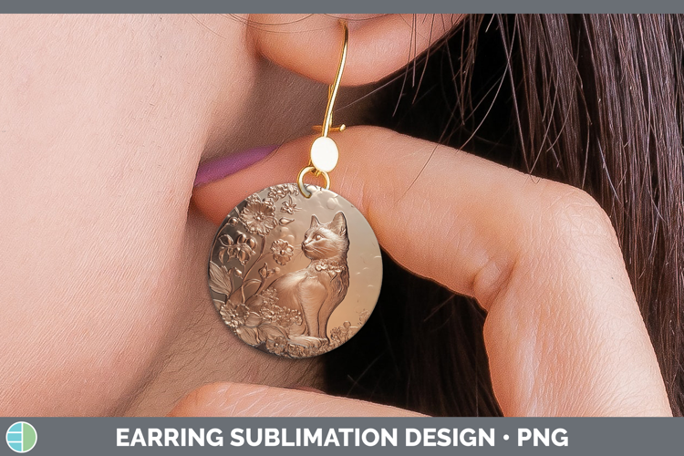 BS03 Copper Relief White Cat Round Earrings Sublimation Earr