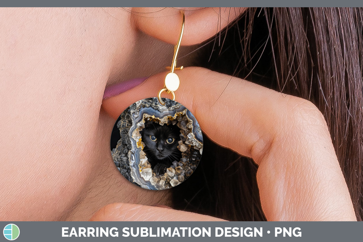 BS03 Geode Black Cat Round Earrings Sublimation Earrings Des