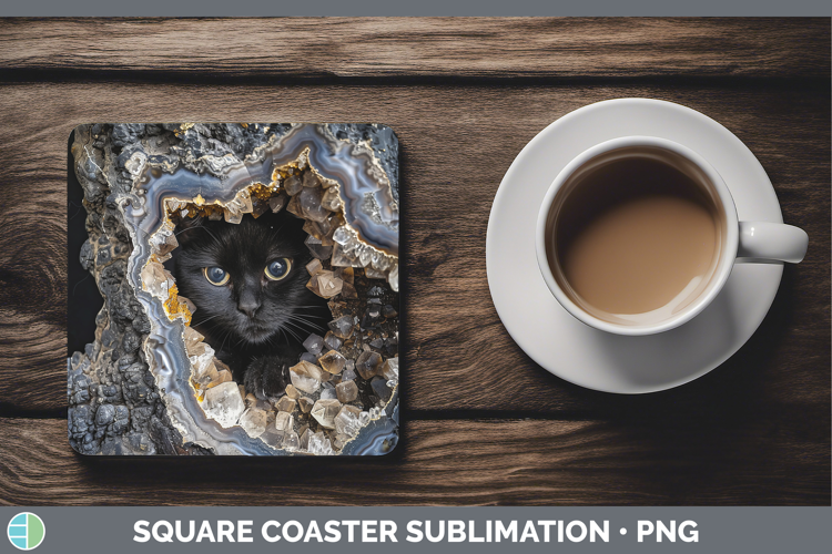 BS03 Geode Black Cat Square Coaster Sublimation Coaster Desi