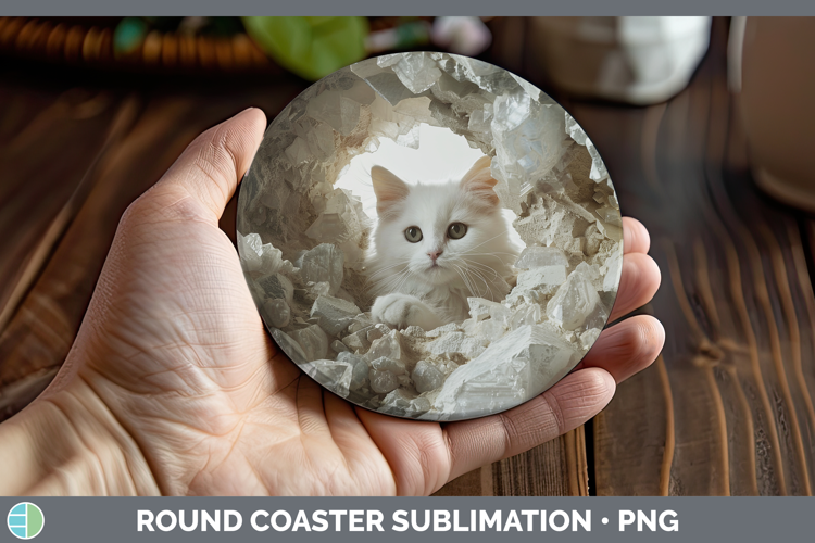 BS03 Geode White Cat Round Coaster Sublimation Coaster Desig