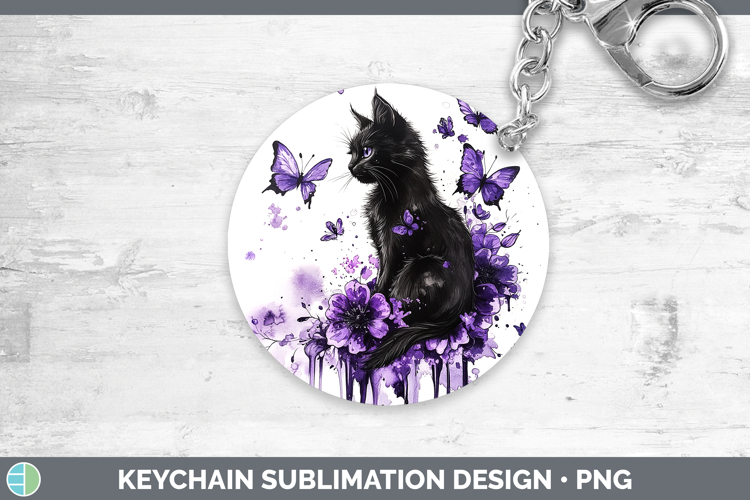 BS03 Purple Drips Black Cat Keychain Sublimation Keyring Des