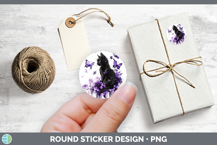 BS03 Purple Drips Black Cat Stickers | Round Labels Designs