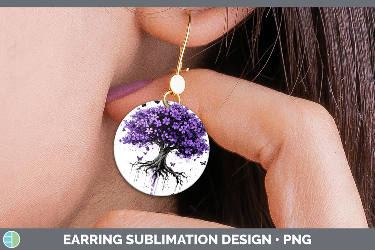 BS03 Purple Drips Tree of Life Round Earrings Sublimation Ea