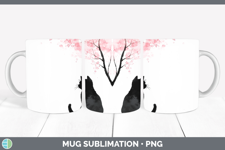 BS03 Sakura Black Cat Mug Wrap Sublimation Coffee Cup Design