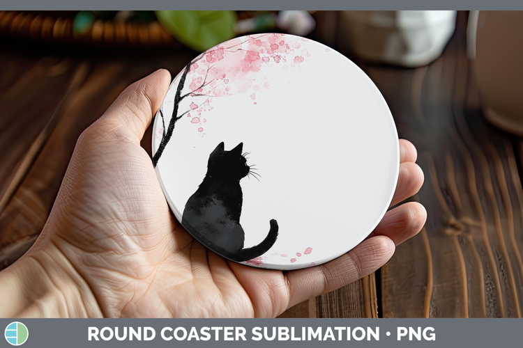 BS03 Sakura Black Cat Round Coaster Sublimation Coaster Desi