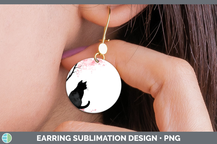 BS03 Sakura Black Cat Round Earrings Sublimation Earrings De