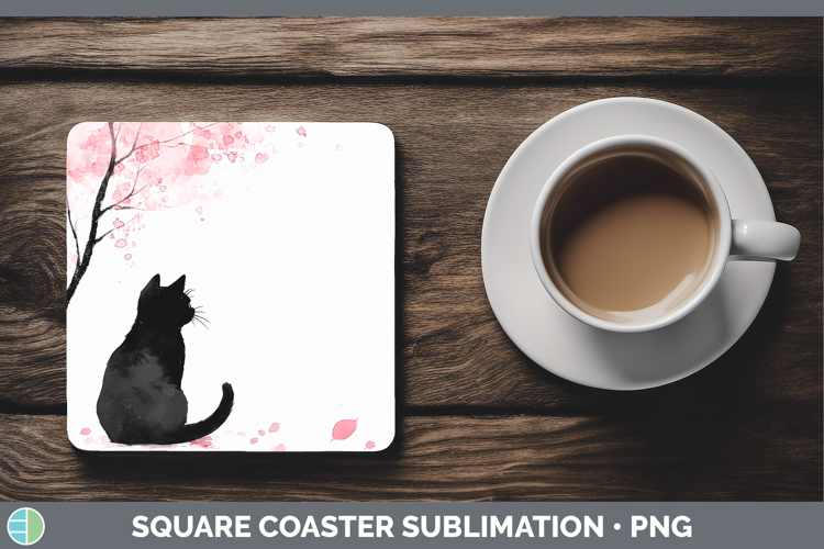 BS03 Sakura Black Cat Square Coaster Sublimation Coaster Des