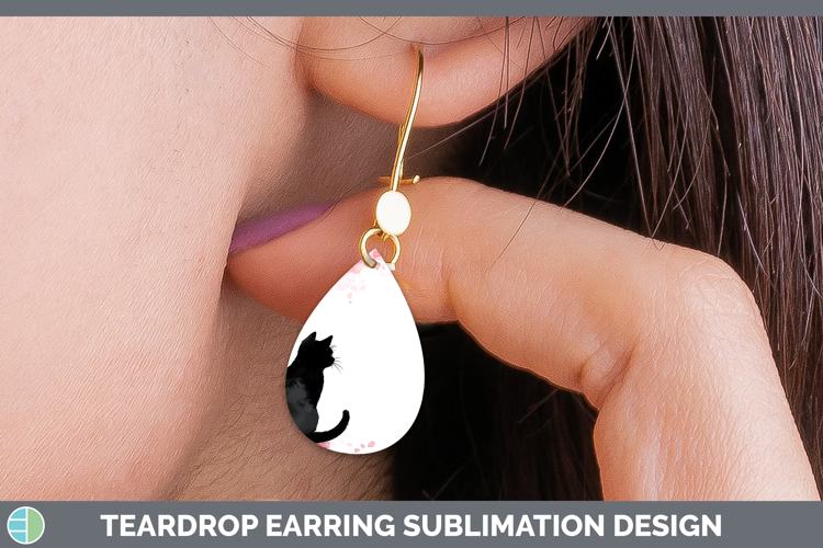 BS03 Sakura Black Cat Teardrop Earrings Sublimation Earrings