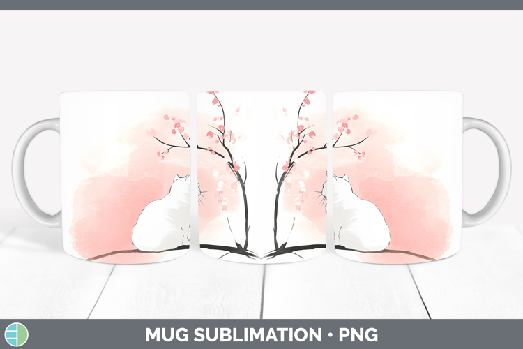 BS03 Sakura White Cat Mug Wrap Sublimation Coffee Cup Design