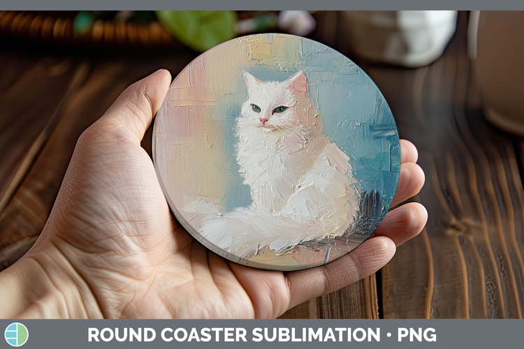 BS03 Thick Paint White Cat Round Coaster Sublimation Coaster