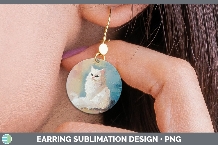 BS03 Thick Paint White Cat Round Earrings Sublimation Earrin