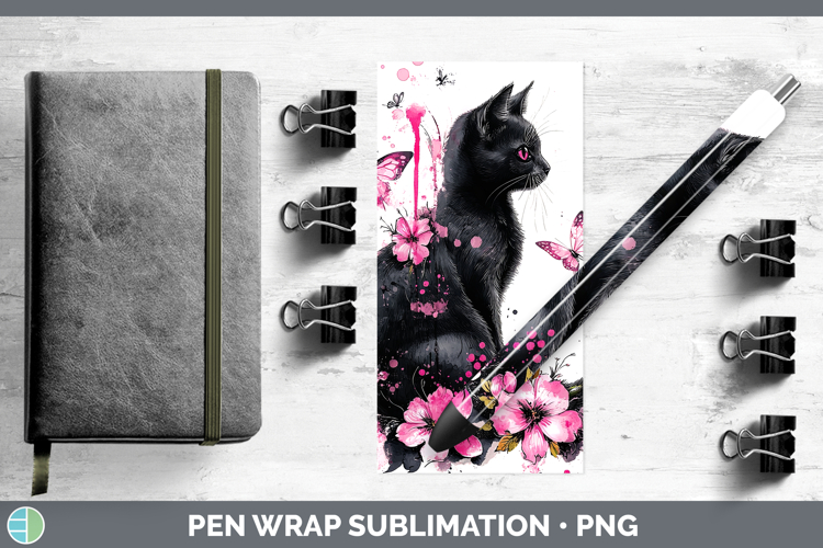 BS035 Pink Drips Black Cat Pen Wrap Sublimation Pen Designs