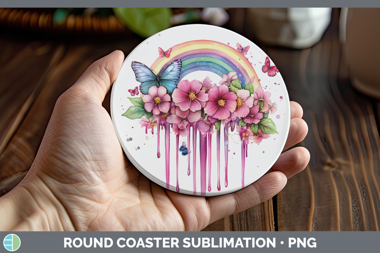 BS035 Pink Drips Rainbow Round Coaster Sublimation Coaster D