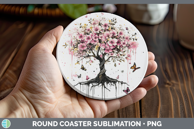BS035 Pink Drips Tree of Life Round Coaster Sublimation Coas