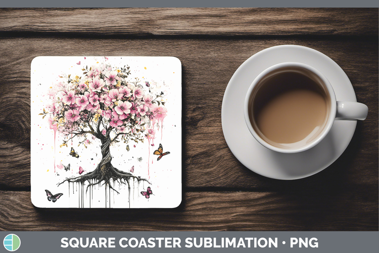 BS035 Pink Drips Tree of Life Square Coaster Sublimation Coa