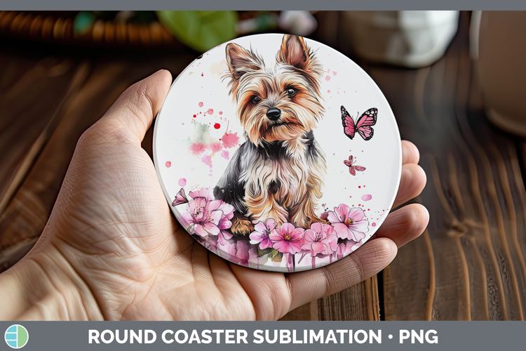 BS035 Pink Drips Yorkshire Terrier Round Coaster Sublimation