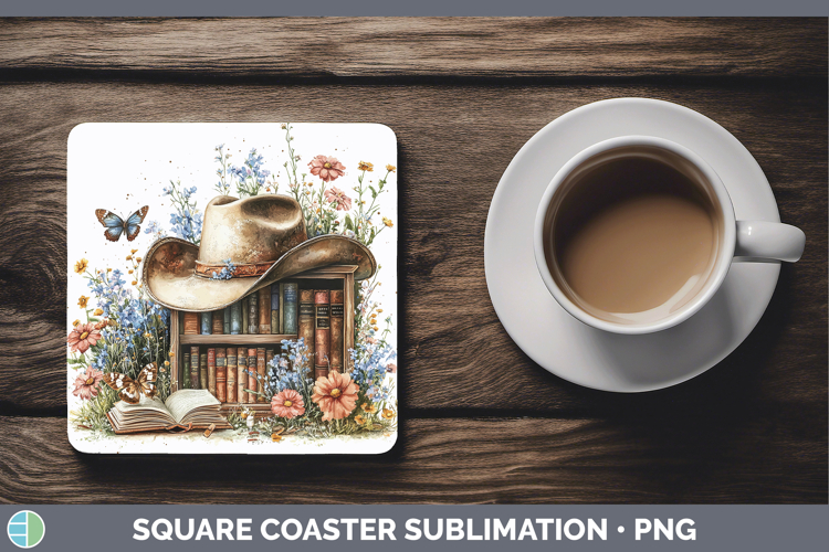 BS04 Bookshelf Cowboy Hat Square Coaster Sublimation Coaster