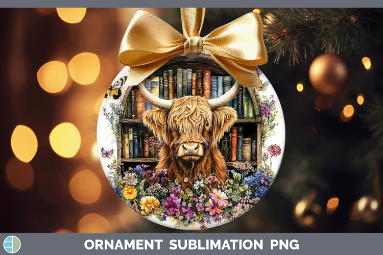 BS04 Bookshelf Highland Cow Ornament Sublimation Bauble Desi