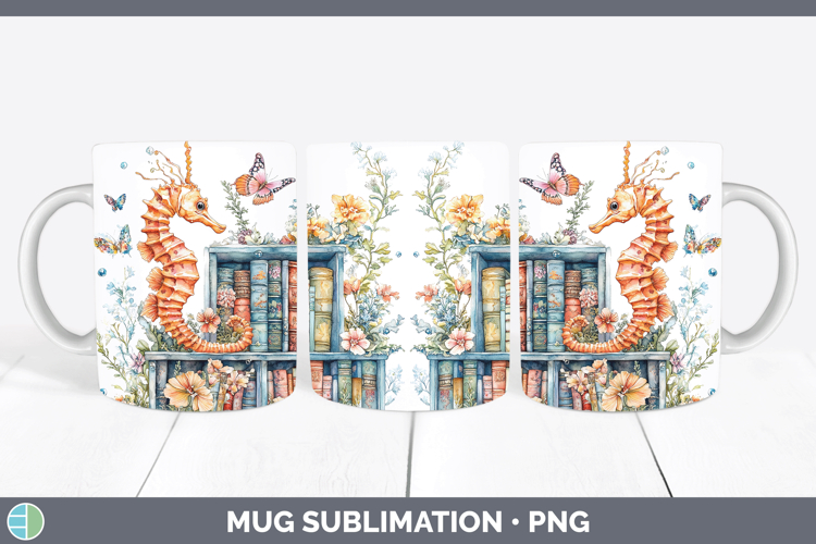BS04 Bookshelf Seahorse Mug Wrap Sublimation Coffee Cup Desi