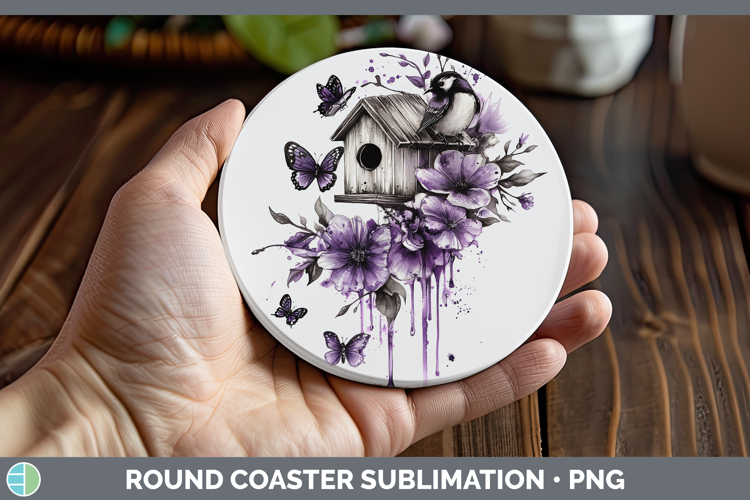 BS04 Purple Drips Birdhouse Round Coaster Sublimation Coaste