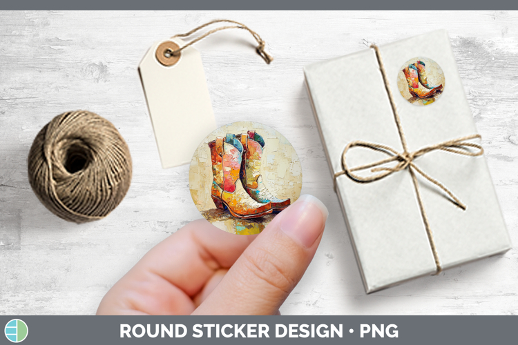 BS04 Thick Paint Cowboy Boots Stickers | Round Labels Design