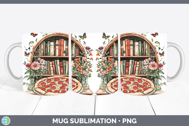 BS05 Bookshelf Pizza Mug Wrap Sublimation Coffee Cup Designs
