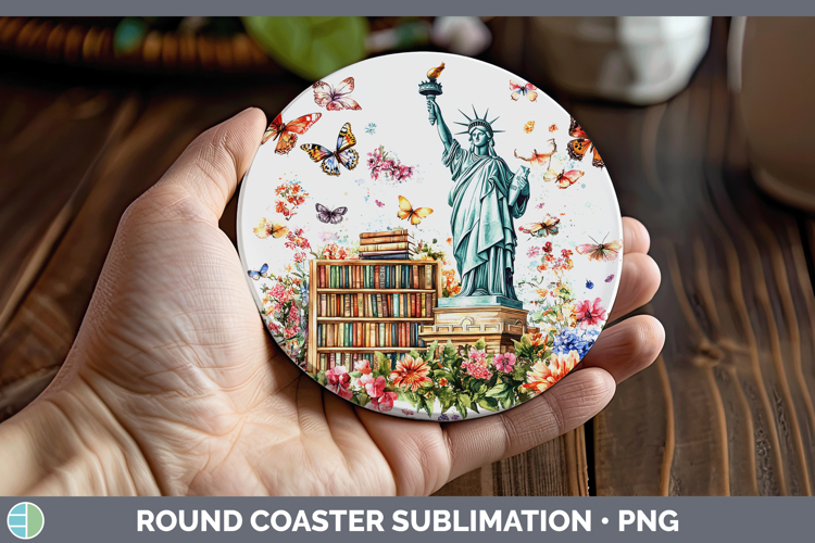 BS05 Bookshelf Statue of Liberty Round Coaster Sublimation C