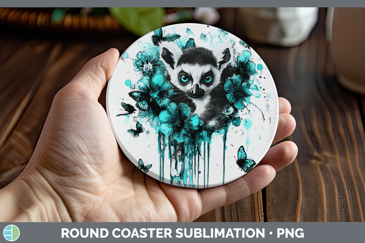 BS05 Teal Drips Lemur Round Coaster Sublimation Coaster Desi