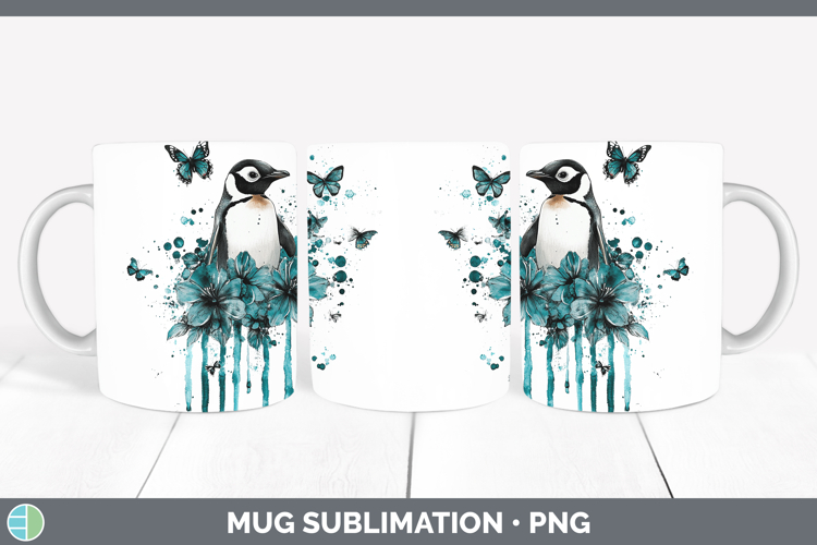 BS05 Teal Drips Penguin Mug Wrap Sublimation Coffee Cup Desi