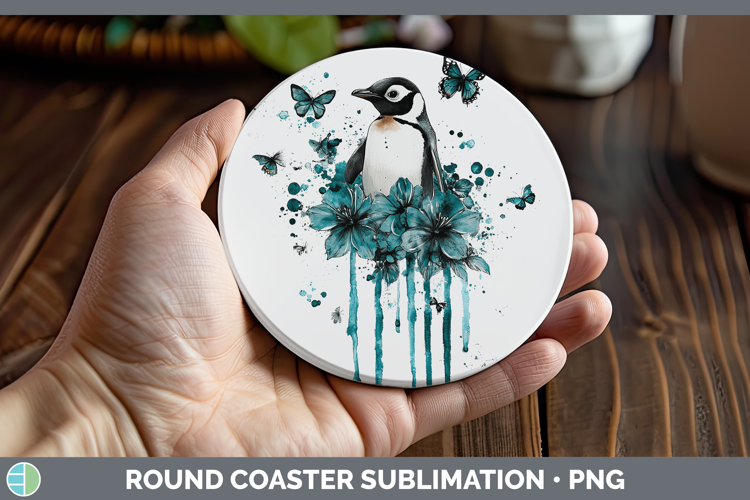 BS05 Teal Drips Penguin Round Coaster Sublimation Coaster De