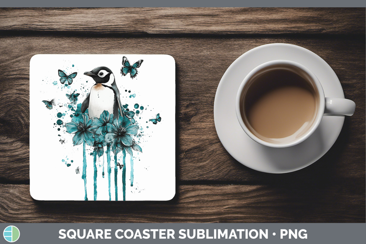 BS05 Teal Drips Penguin Square Coaster Sublimation Coaster D
