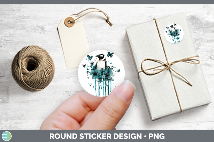 BS05 Teal Drips Penguin Stickers | Round Labels Designs