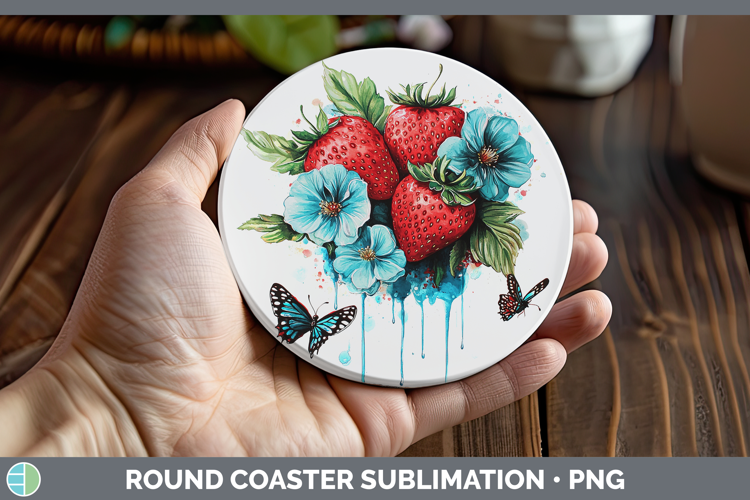 BS05 Teal Drips Strawberry Round Coaster Sublimation Coaster